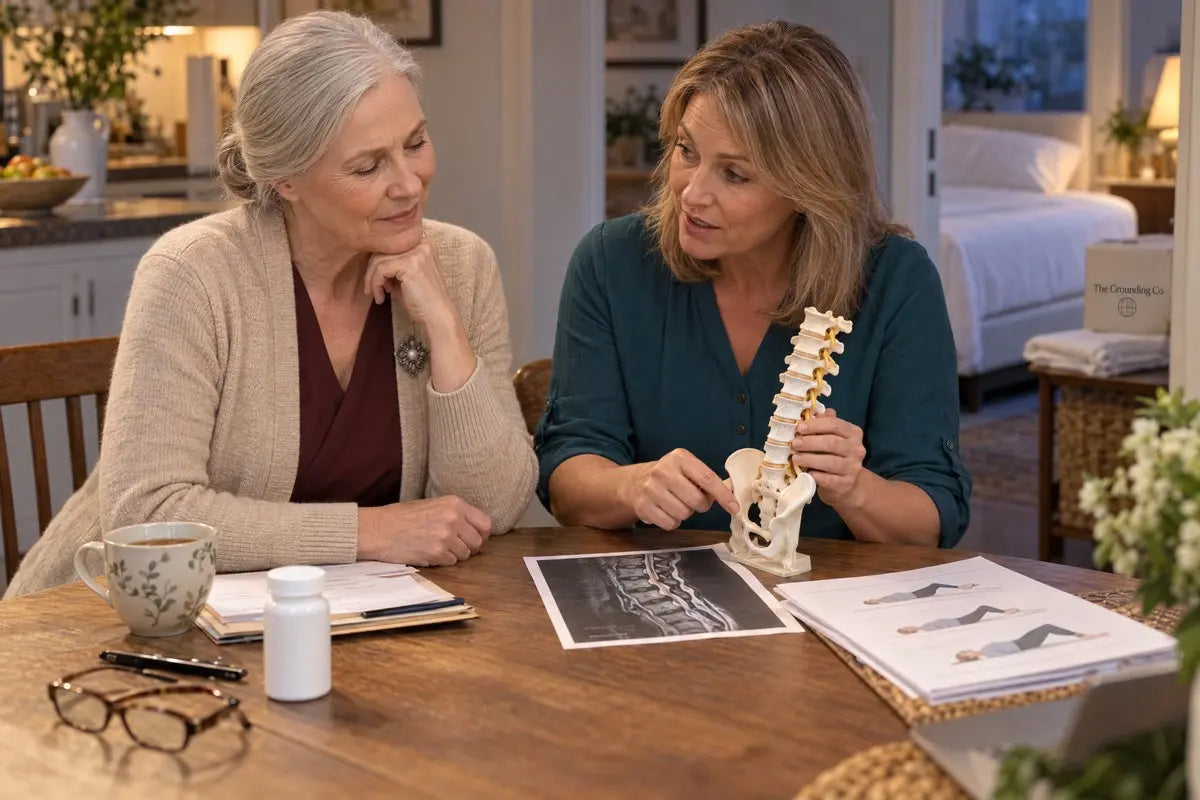 A woman sitting on a bed with lower-back pain