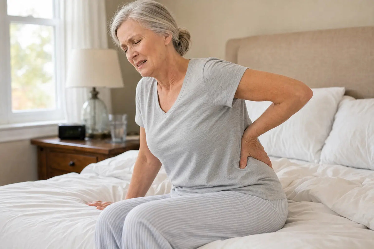 A woman sitting on a bed with lower-back pain